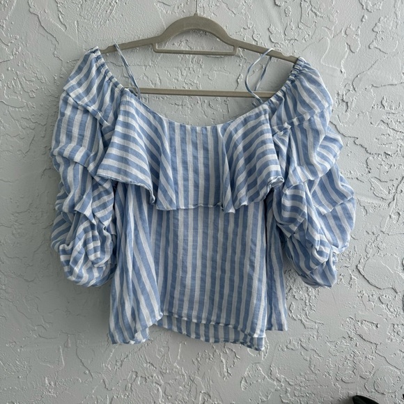 ZARA Striped Light Blue & White Off the Shoulder 3/4 Ruffled sleeves Crop Top, L - Picture 8 of 13